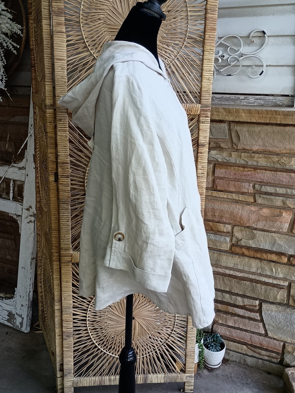 NWOT For Cynthia Lightweight 100% Linen Cream Hooded Coat_L - Picture 8 of 10